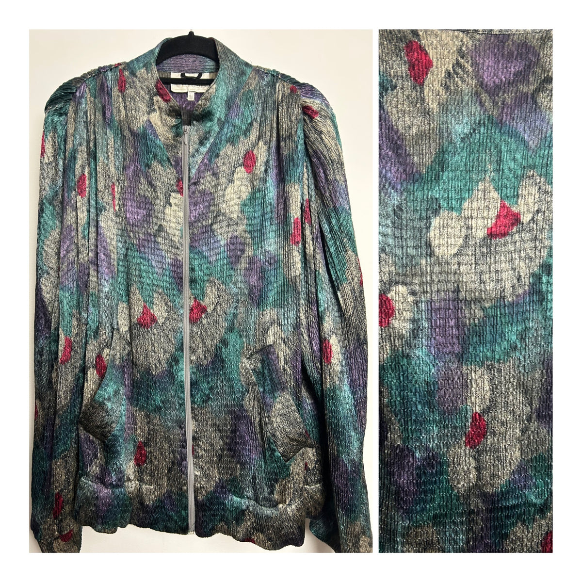 Vintage Late 1980s VERSE Up To Size 16 Grey Purple Teal & Red Silky Plisse Pleated Zip Up Jacket
