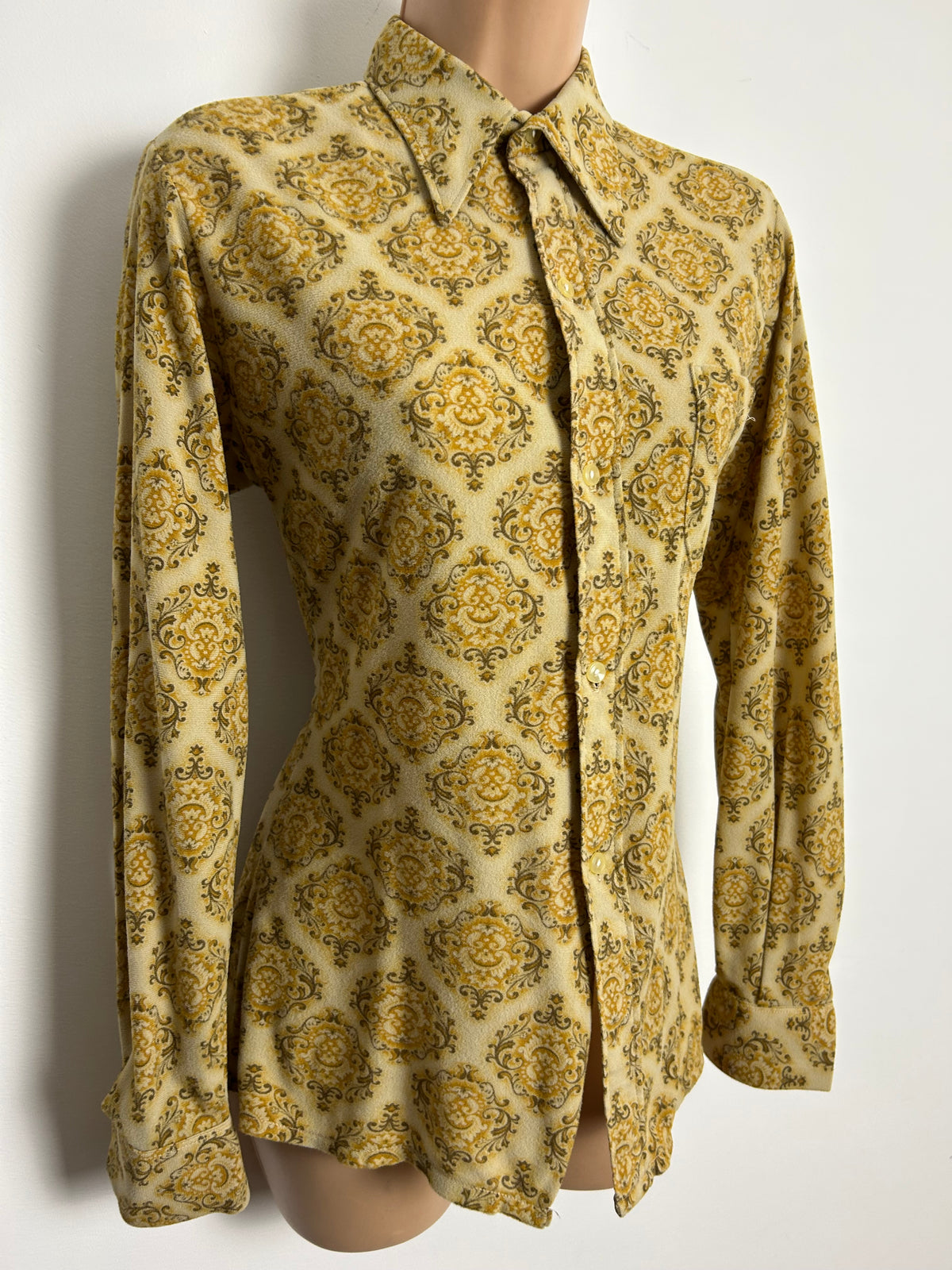 Vintage 1970s Size 12 Sandy Beige Tone Nouveau Scarf Print Long Sleeve Shirt