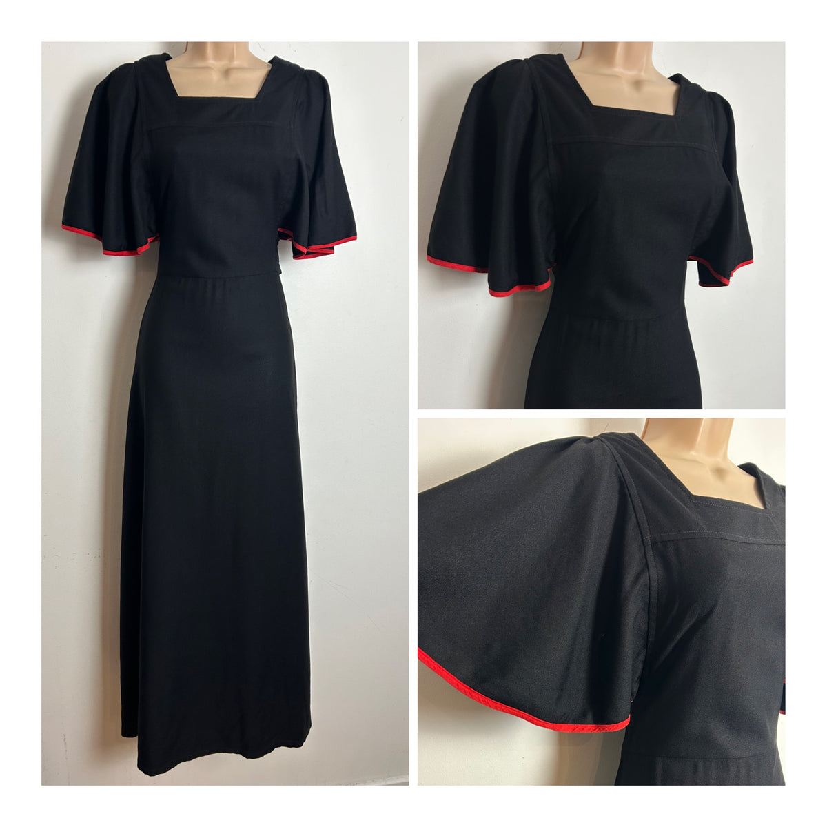 Vintage Late 1960s CLOBBER JEFF BANKS Size 8 Black Red Trim Flutter Sleeve Tie Back Maxi Dress