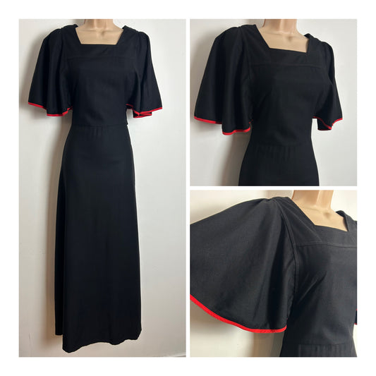 Vintage Late 1960s CLOBBER JEFF BANKS Size 8 Black Red Trim Flutter Sleeve Tie Back Maxi Dress
