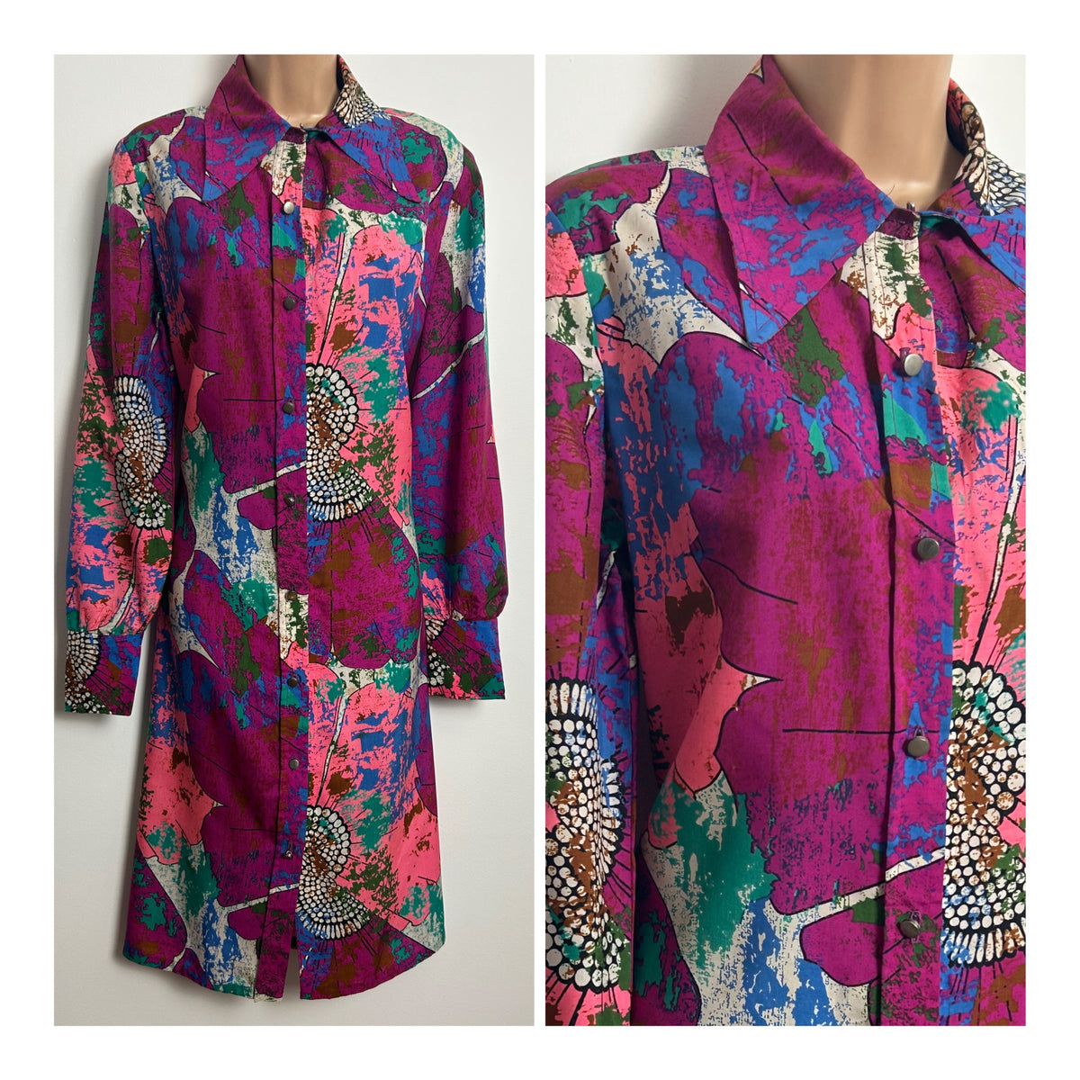 Vintage 1970s THE HOUSE OF LAVINIA Size 12-14 Purple Pink & Green Abstract Dagger Collar Shift Dress