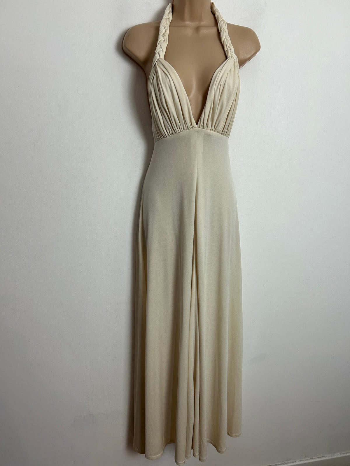 Vintage 1970s UK Size 6-8 Cream Plunge Neck Plaited Halterneck Strap Grecian Style Occasion Dress