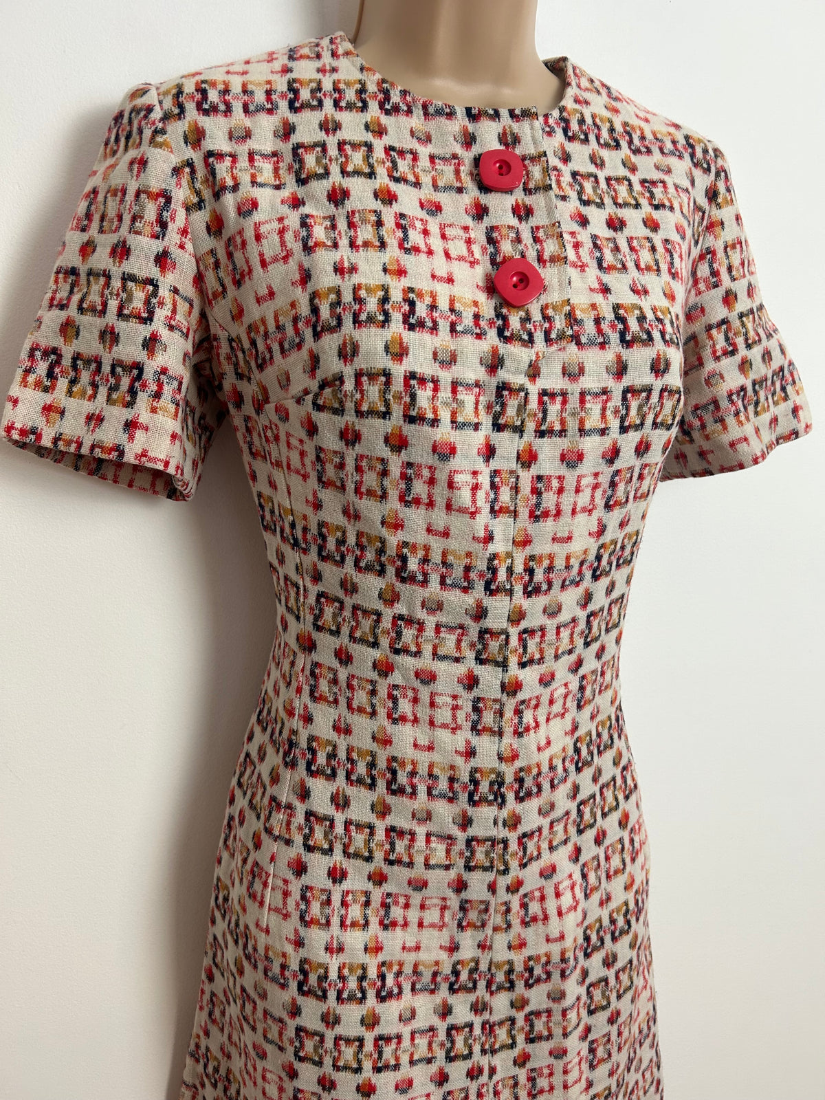 Vintage 1960s UK 8-10 Cream Red & Mustard Abstract Geo Print Short Sleeve Mod Shift Dress
