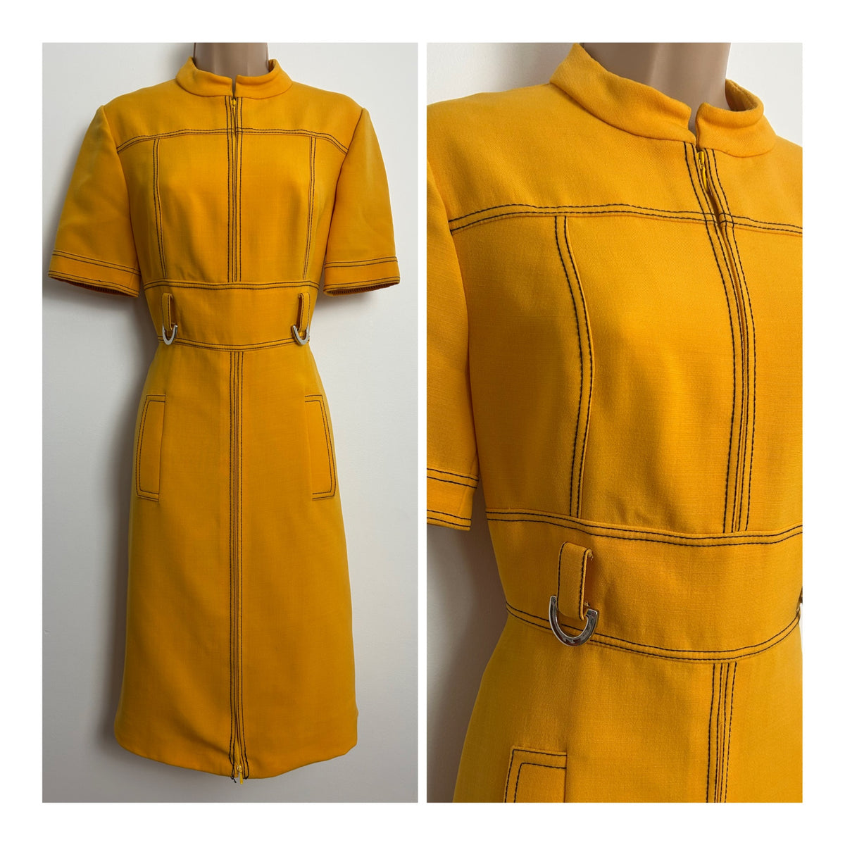 Vintage 1960s DOOLITTLE Size 8 Mustard Yellow & Black Stitch Detail Mod Dress