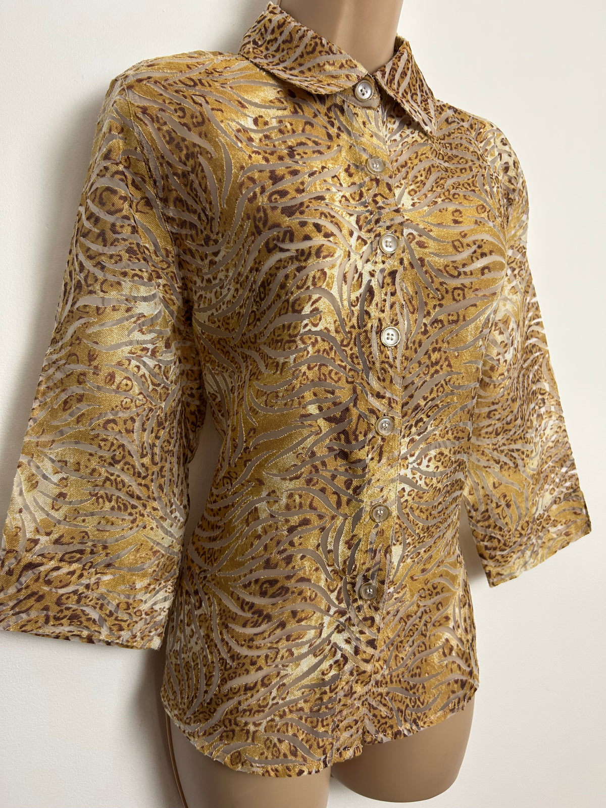 Vintage 1990s DRAPERS & DAMONS Size 10-12 Leopard Animal Print Burn Out Shirt