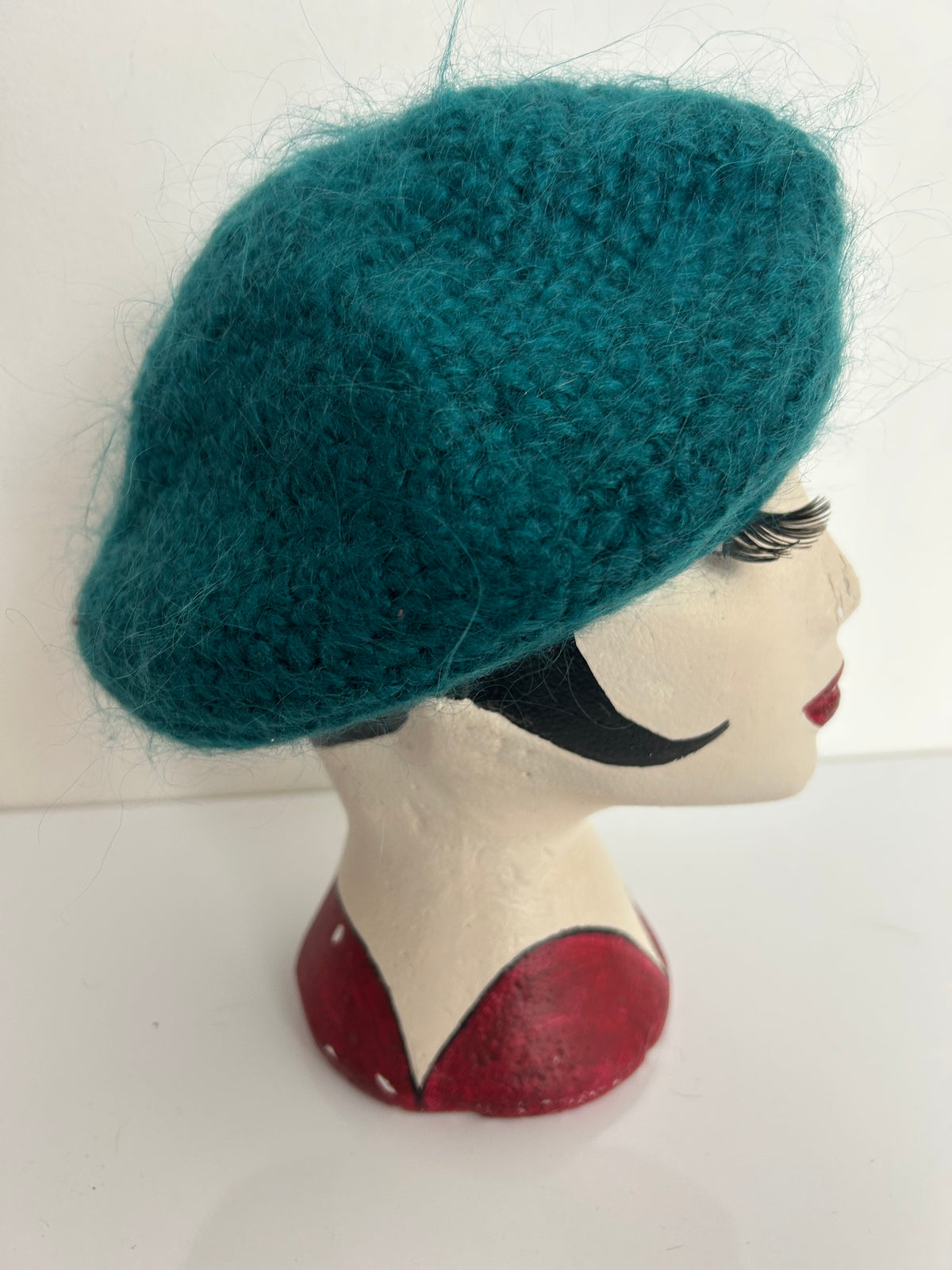 Vintage Teal Green Angora & Wool Knit Beret/Beanie Style Hat