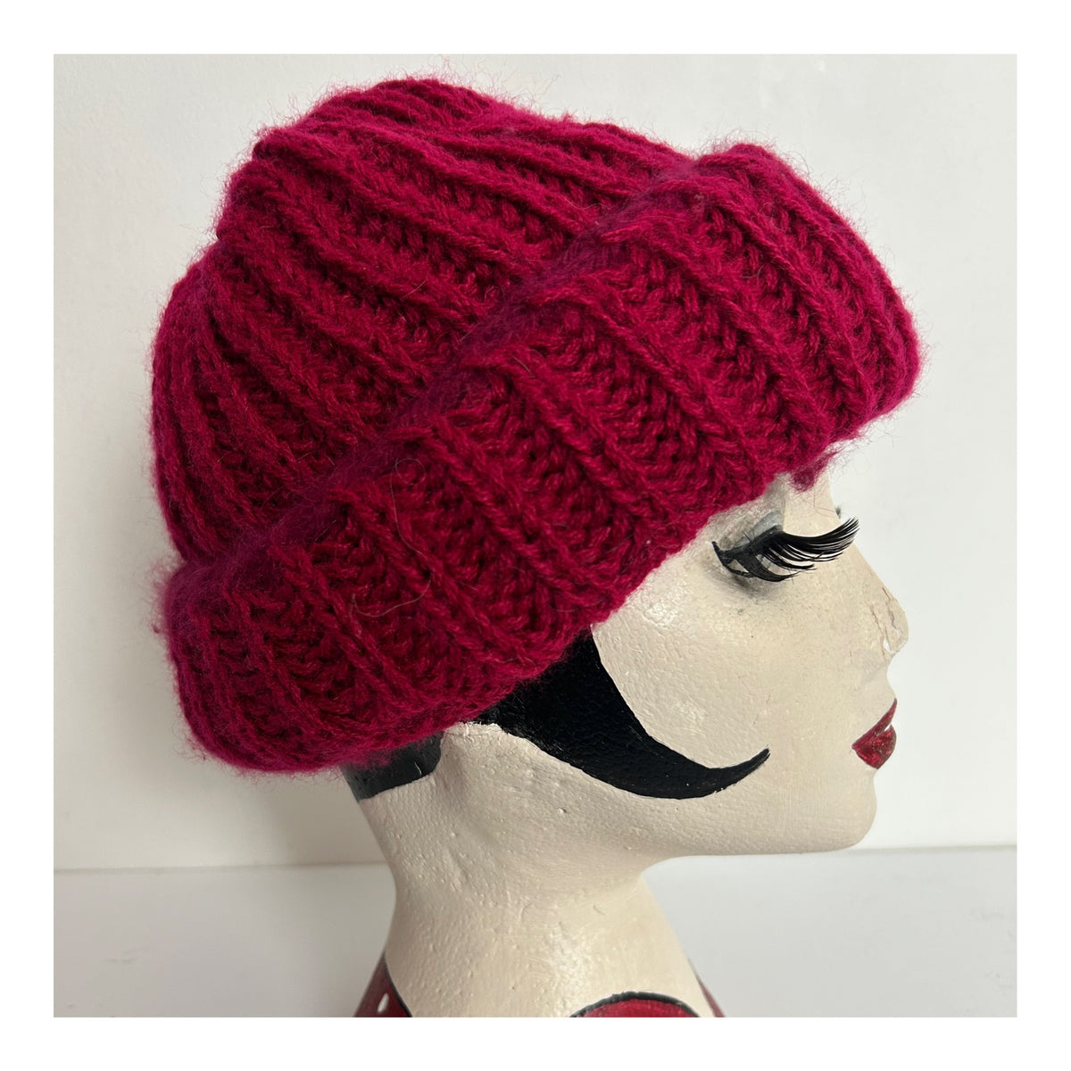 Vintage Raspberry Chunky Rib Knit Turn Up Angora & Wool Mix Beanie Style Hat