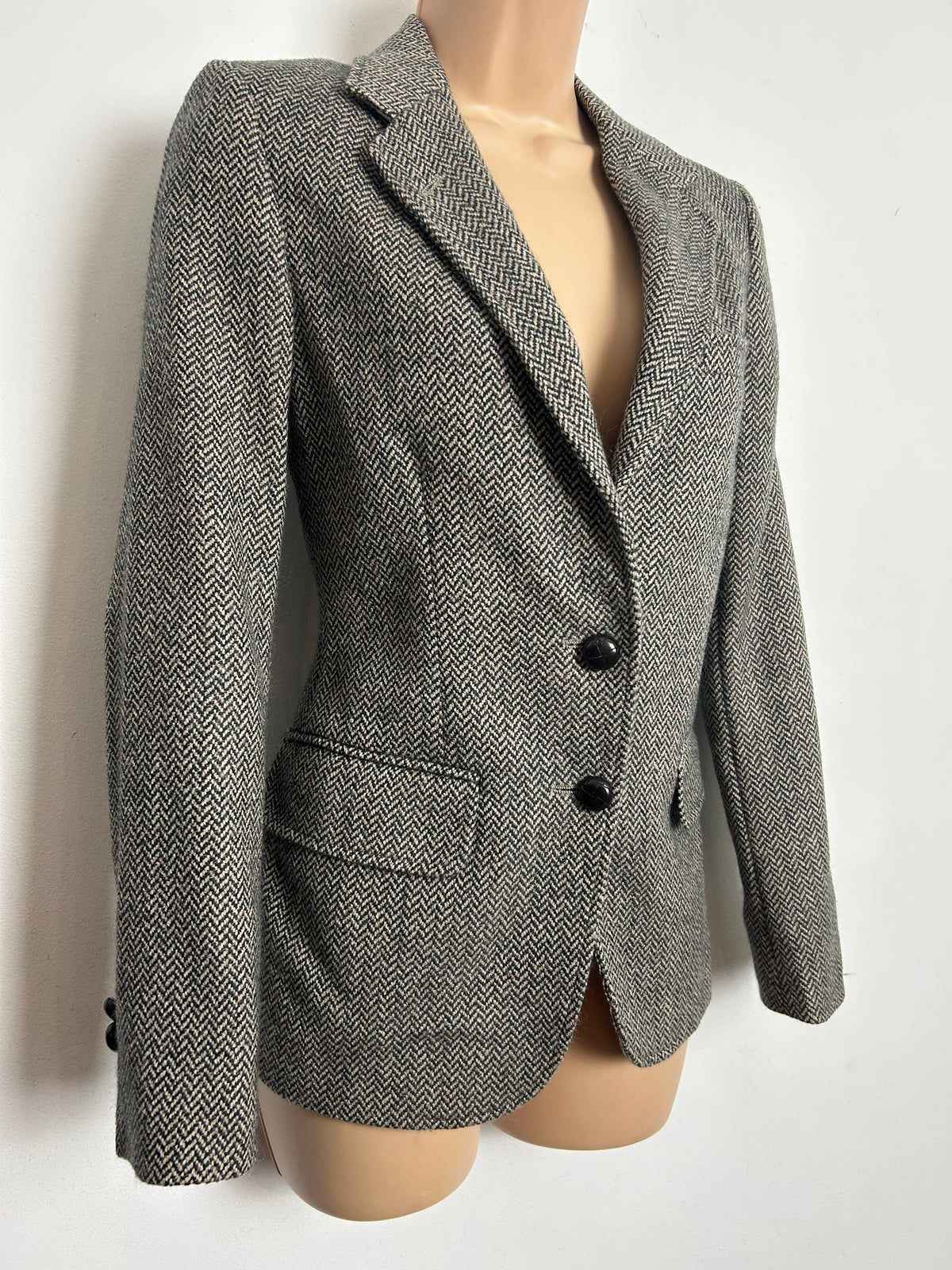 Vintage 1980s HASPEL Size 8 Traditional Wool Teed Herringbone Fully Lined Blazer