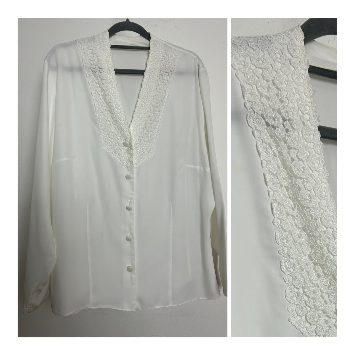 Vintage 1980s Size 16 Pretty White Lace Trim Long Sleeve Blouse