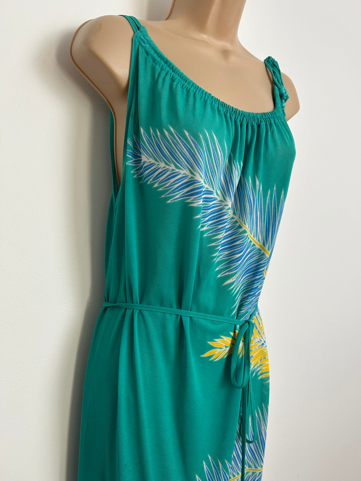 Vintage Early 1980s FURSTENBERG Size 12 Jade Green Blue Yellow & Pink Leaf Print Belted Sundress