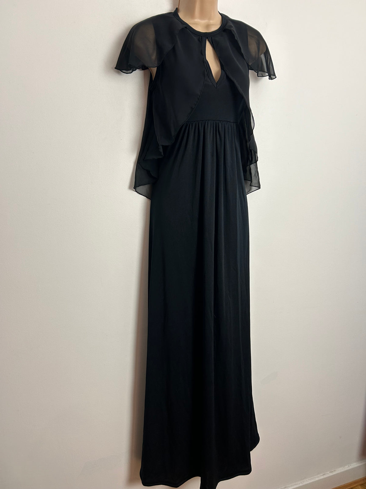 Vintage 1970s MR DARREN UK Size 6-8 Black Chiffon Overlay & Petal Sleeves Maxi Dress