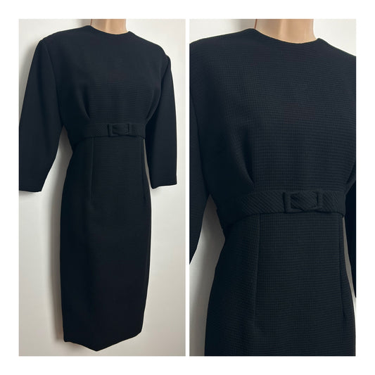 Vintage 1960s Size 10 Black Waffle Texture 3/4 Sleeve Buckle Detail Wiggle Dress