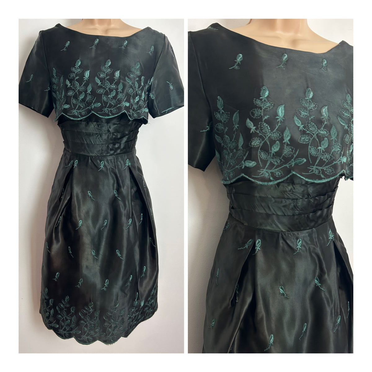 Vintage Late 1950s Size 6-8 Very Dark Green Satin Embroidered Scallop Layered Occasion Dress