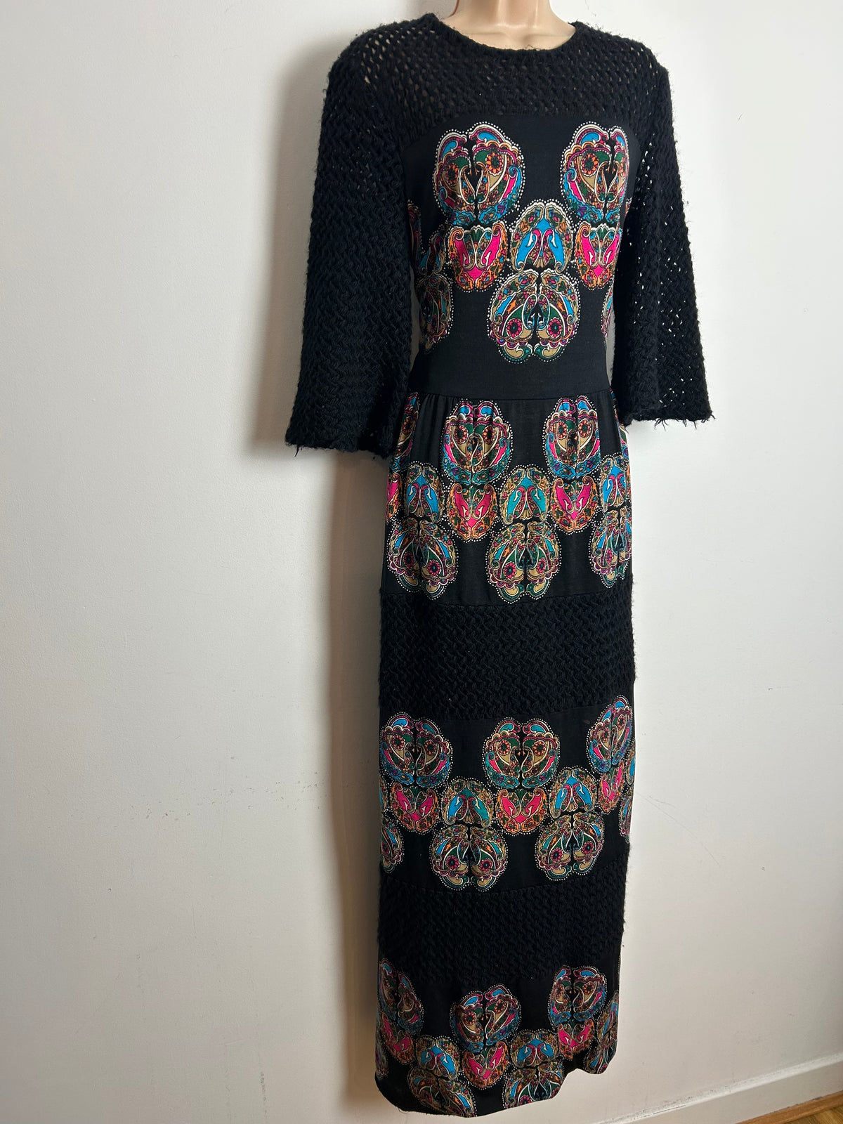 Vintage Early 1970s IRWA Size 12 Black Blue & Pink Nouveau Print Knitted Neck & Sleeves Pure Wool Maxi Dress