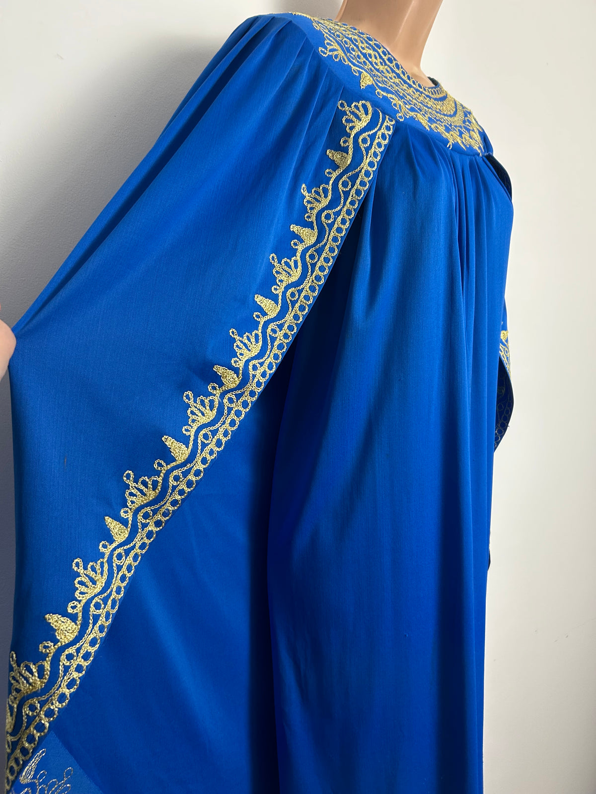 Vintage One Size Up To Size 16 Royal Blue & Gold Embroidered Caped Occasion Kaftan Maxi Dress