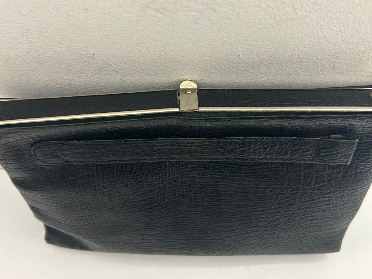 Vintage 1940s Black Leather Mock Reptile Framed Clutch Bag With Hand Strap