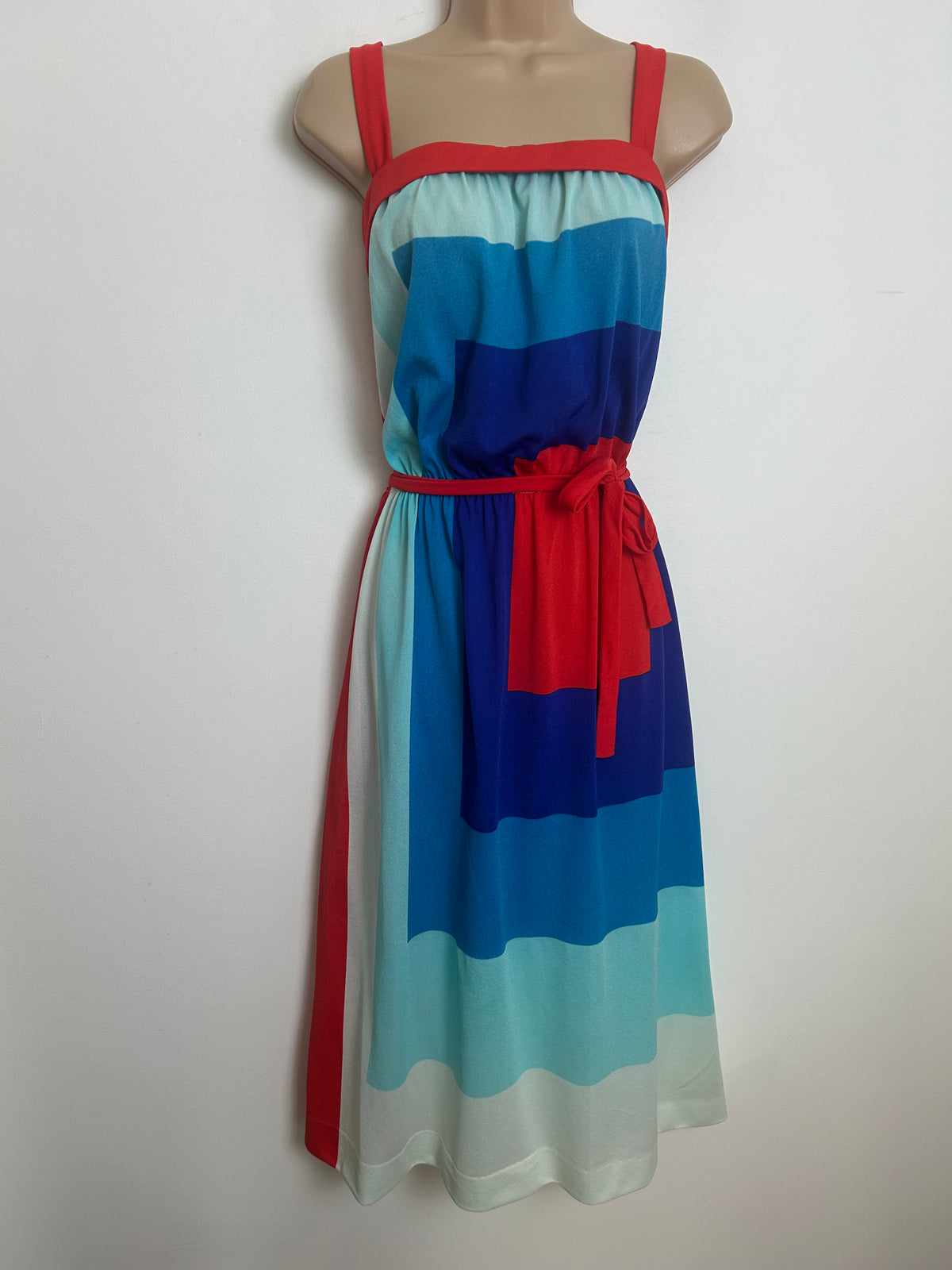 Vintage 1980s Size 12 Cute Blue Red & White Geo Square Print Belted Summer Day Dress