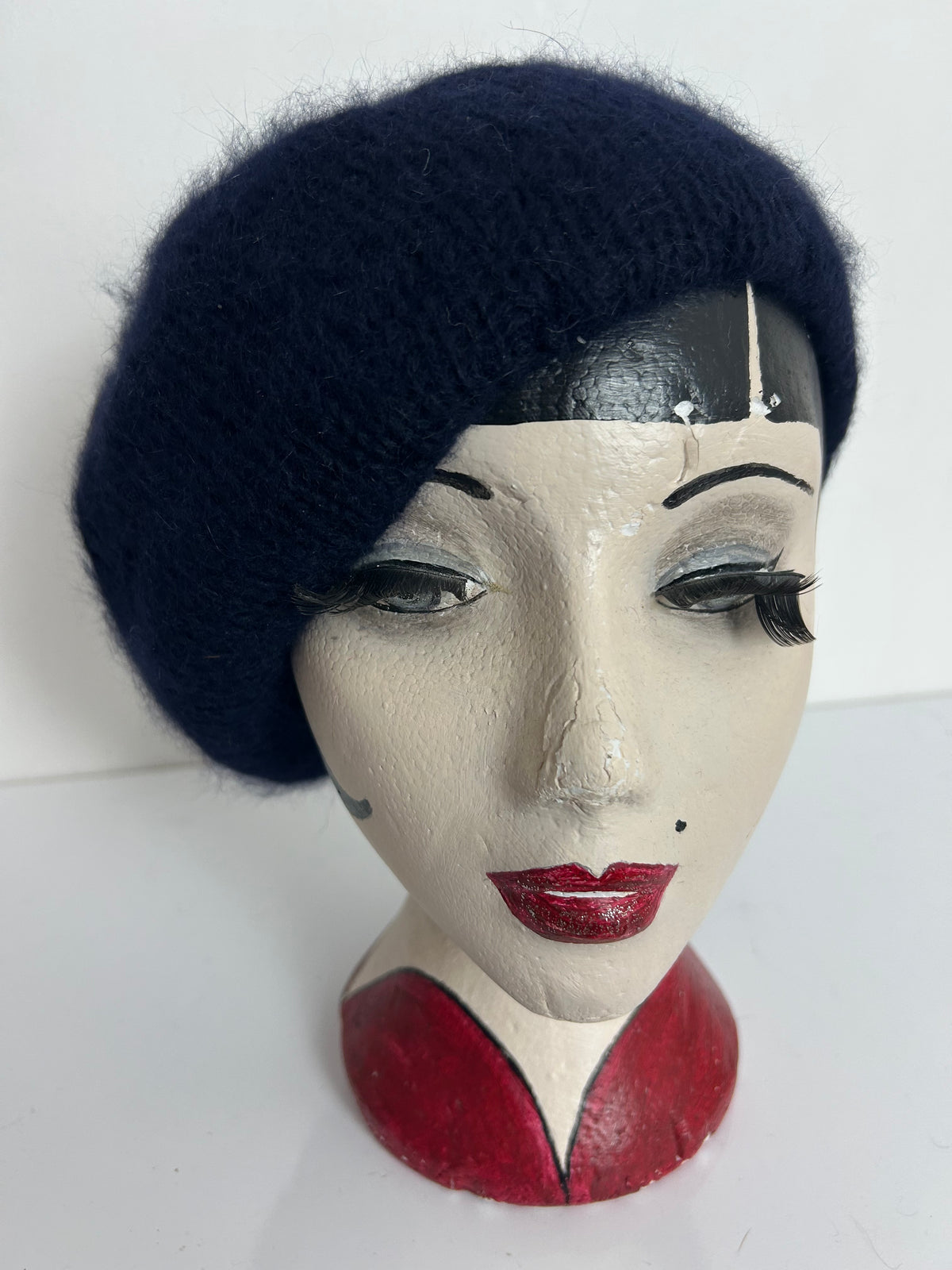 Vintage Navy Blue Angora Mix Chunky Knit Beret/Beanie Style Hat