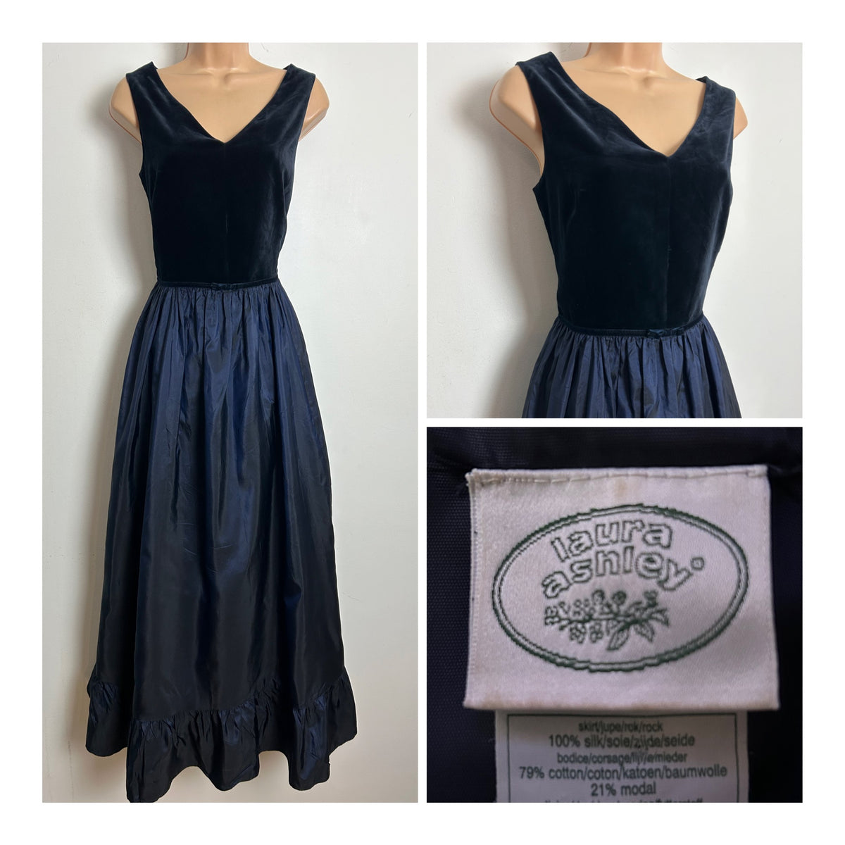 Vintage 1980s LAURA ASHLEY Size 14 (16 On Label) Dark Midnight Blue Silk & Velvet Occasion Maxi Dress
