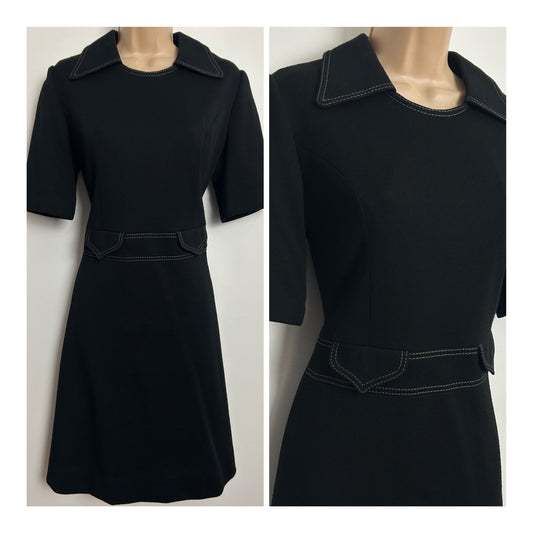 Vintage 1960s MARRANIT Size 10-12 Black 70% New Wool Stitch Detail Short Sleeve Mod Dress
