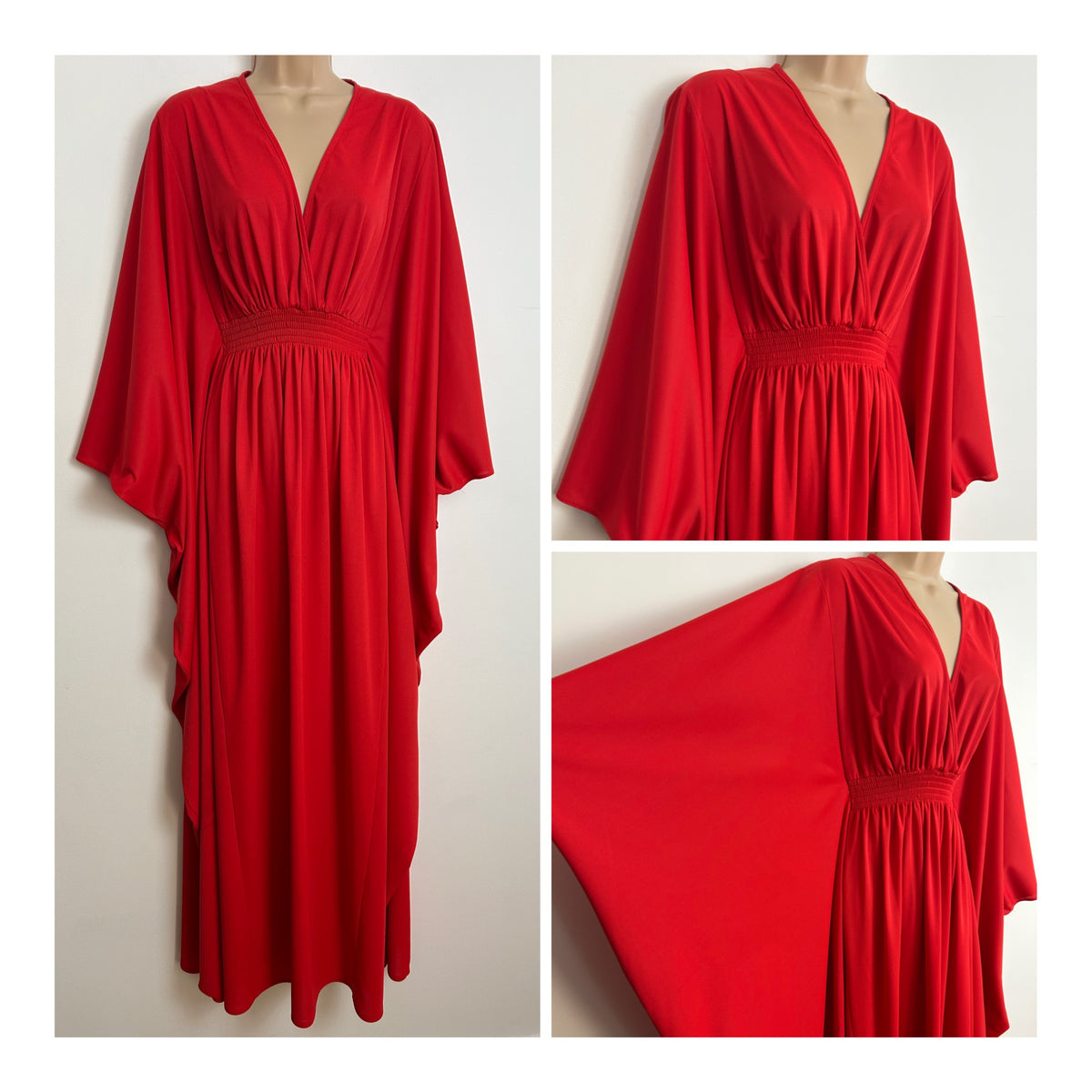 Vintage 1970s Size 8-10 Red Wide Sleeve Shirred Waist Kaftan Style Maxi Dress