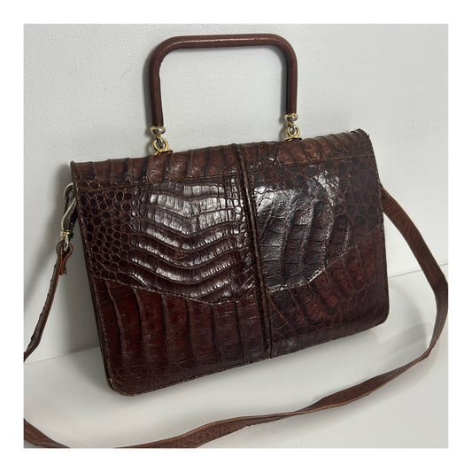 Vintage Late 1960s Early 1970s Brown Mock Croc Leather Handbag Or Shoulder Strap