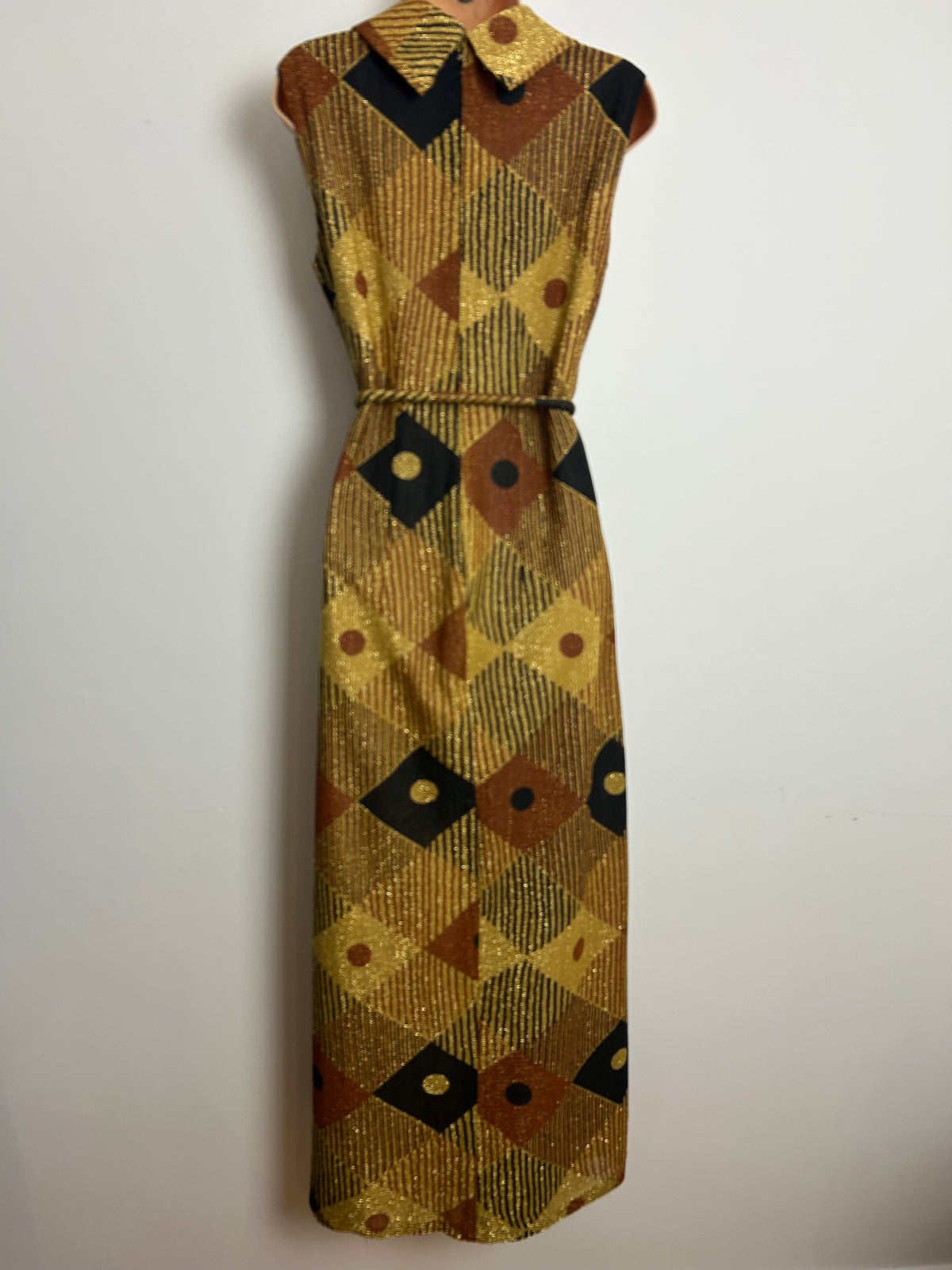 Vintage 1970s MANDELL COUTURE Size 12 Gold Bronze & Black Lurex Stripe & Diamond Print Long Sleeve Belted Occasion Maxi Dress