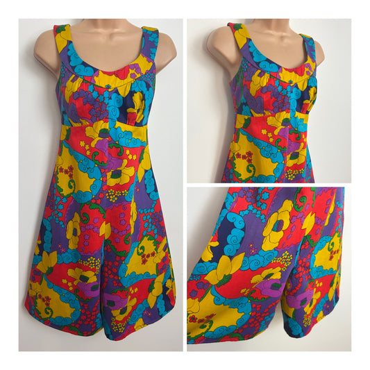Vintage 1960s RARE AIKANE HAWAII Size 6 Red Purple Yellow & Turquoise Psychedelic Floral Romper Playsuit