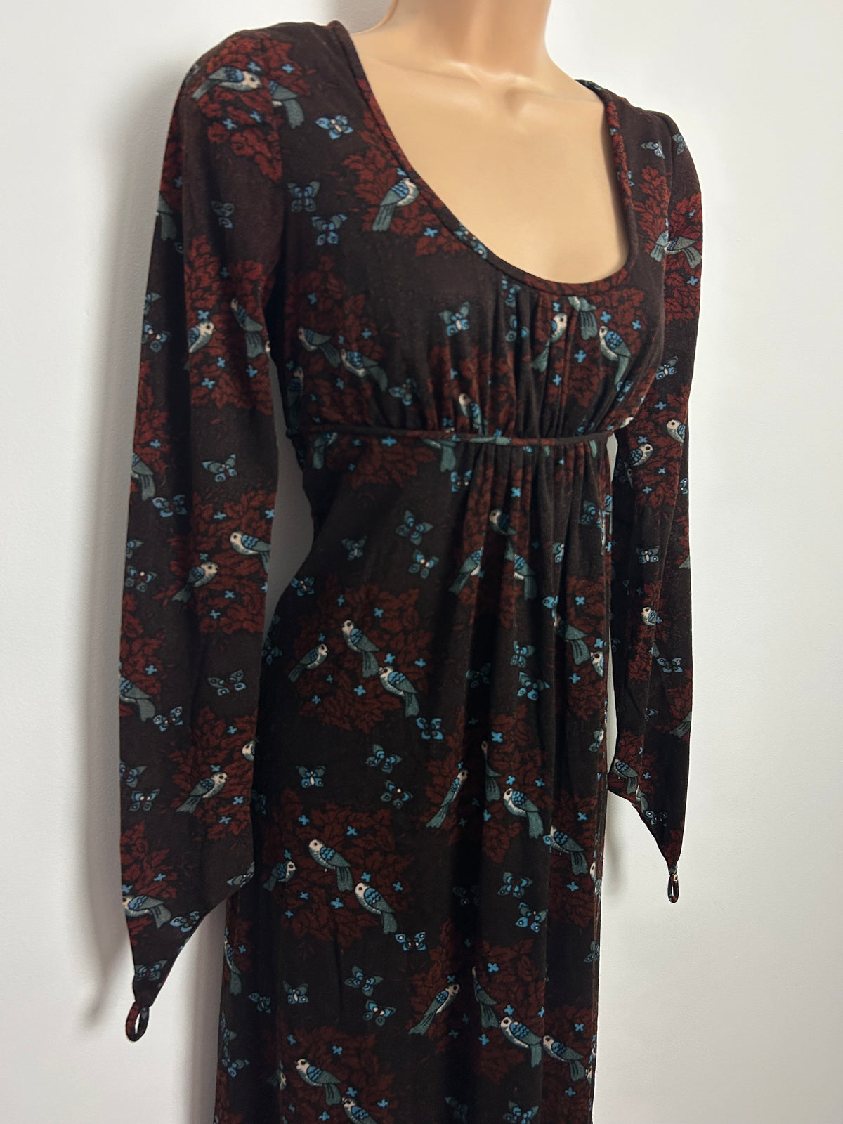 Vintage 1970s ST ANDRE Size 10 Brown Tones Bird & Butterfly Novelty Print Long Sleeve Maxi Dress With Finger Loops
