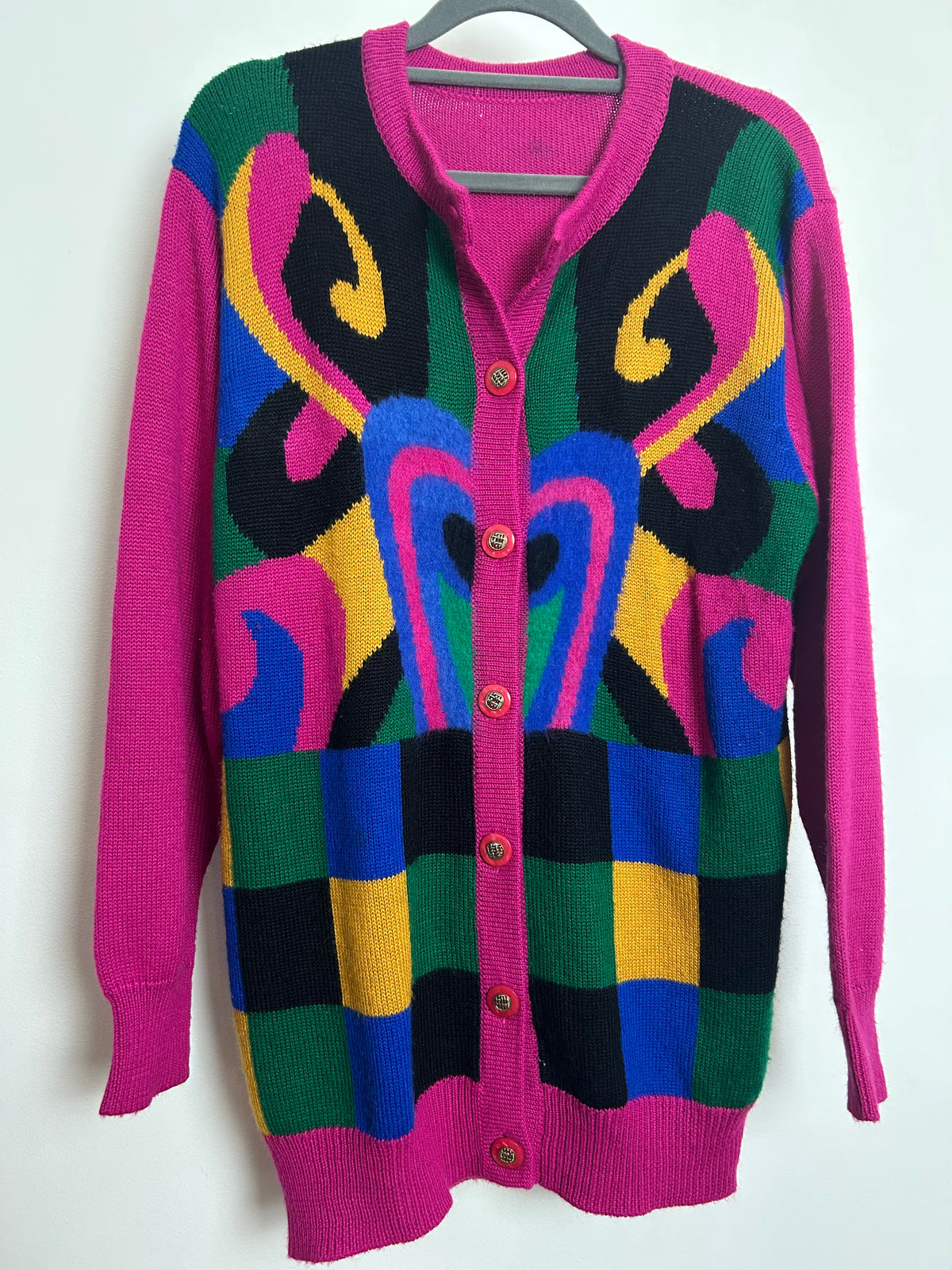 Vintage 1980s Up To Size 12 Pink Mustard Blue Green & Black Abstract Print Wool Mix Cardigan