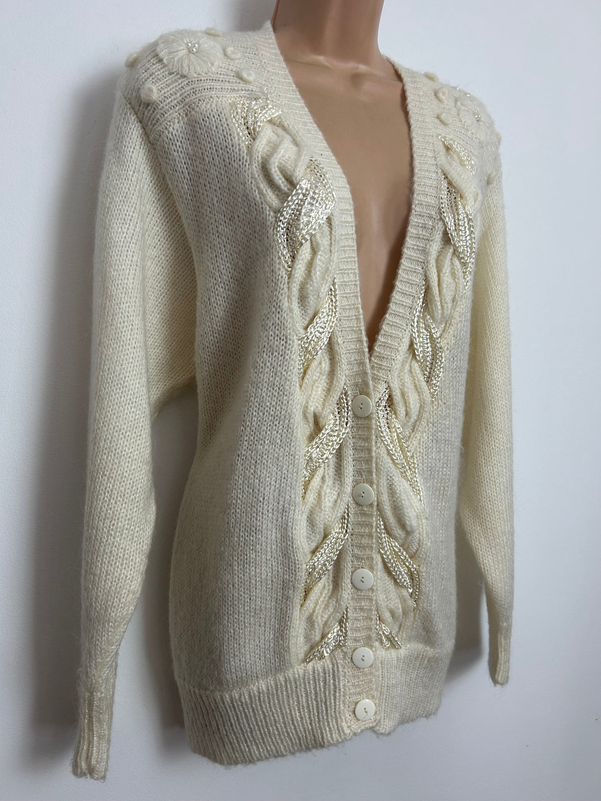Vintage 1980s Up To Size 16 Super Soft Cream Wool Mix Cable Knit Cardigan
