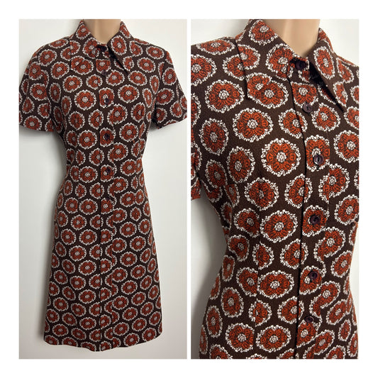 Vintage 1970S ELI MODELLE Size 10-12 Brown & Rust Abstract Circle Print Dagger Collar Mod Shift Dress