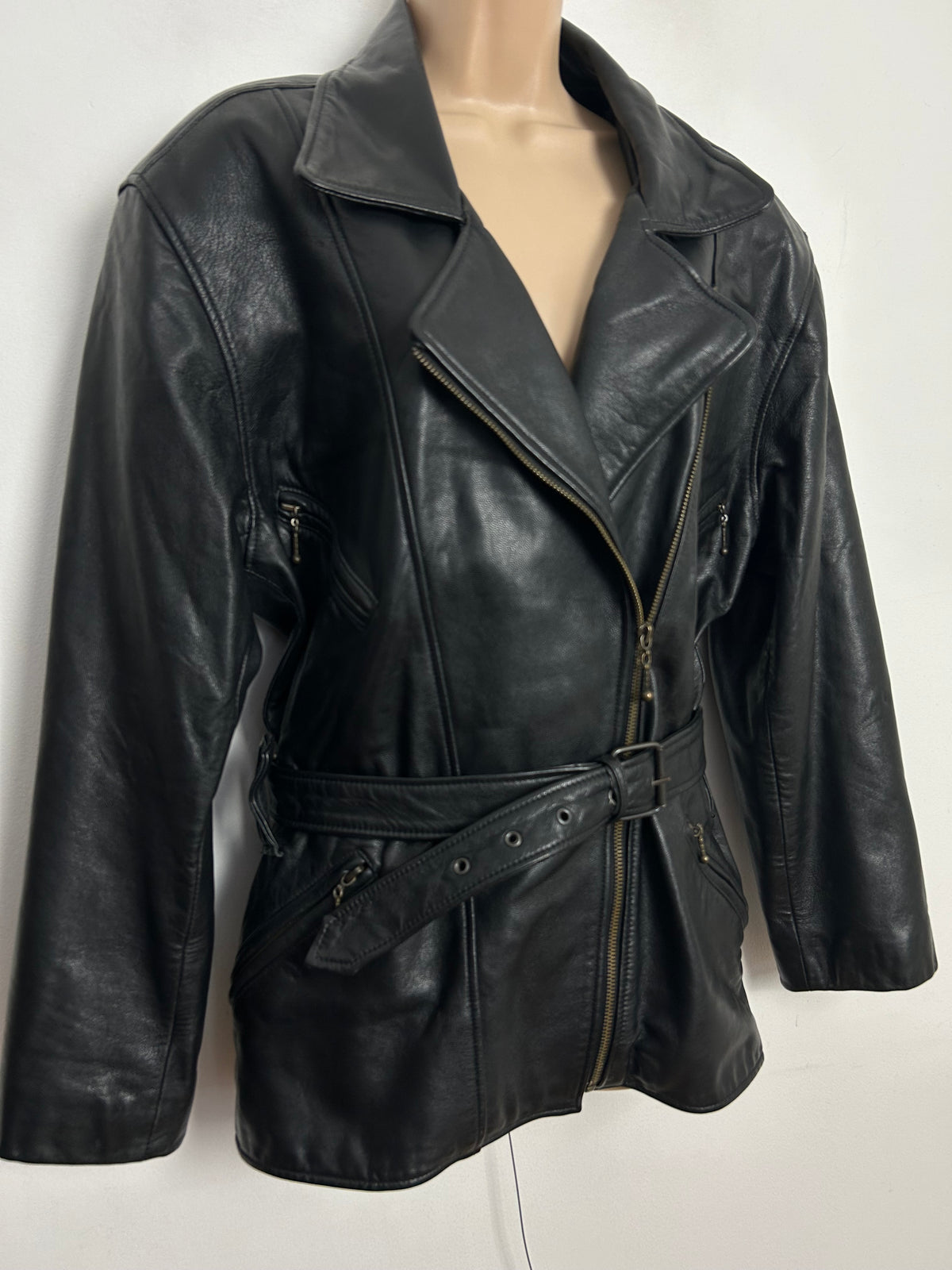 Vintage 1980s J.I.F (Just In Fashion) UK Size 14-16 Black Leather Zip Fronted Pocket Detail Belted Biker Style Jacket