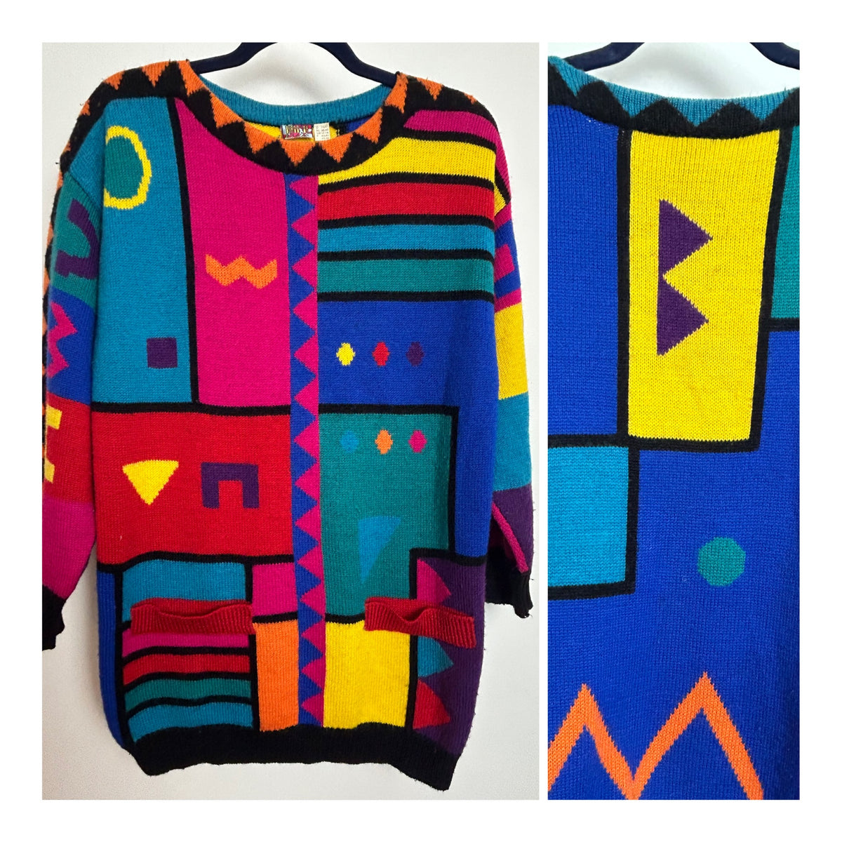 Vintage 1980s BIRDS OF Size 12-14 Bright Multicolour Abstract Geo Print Wool Mix Jumper