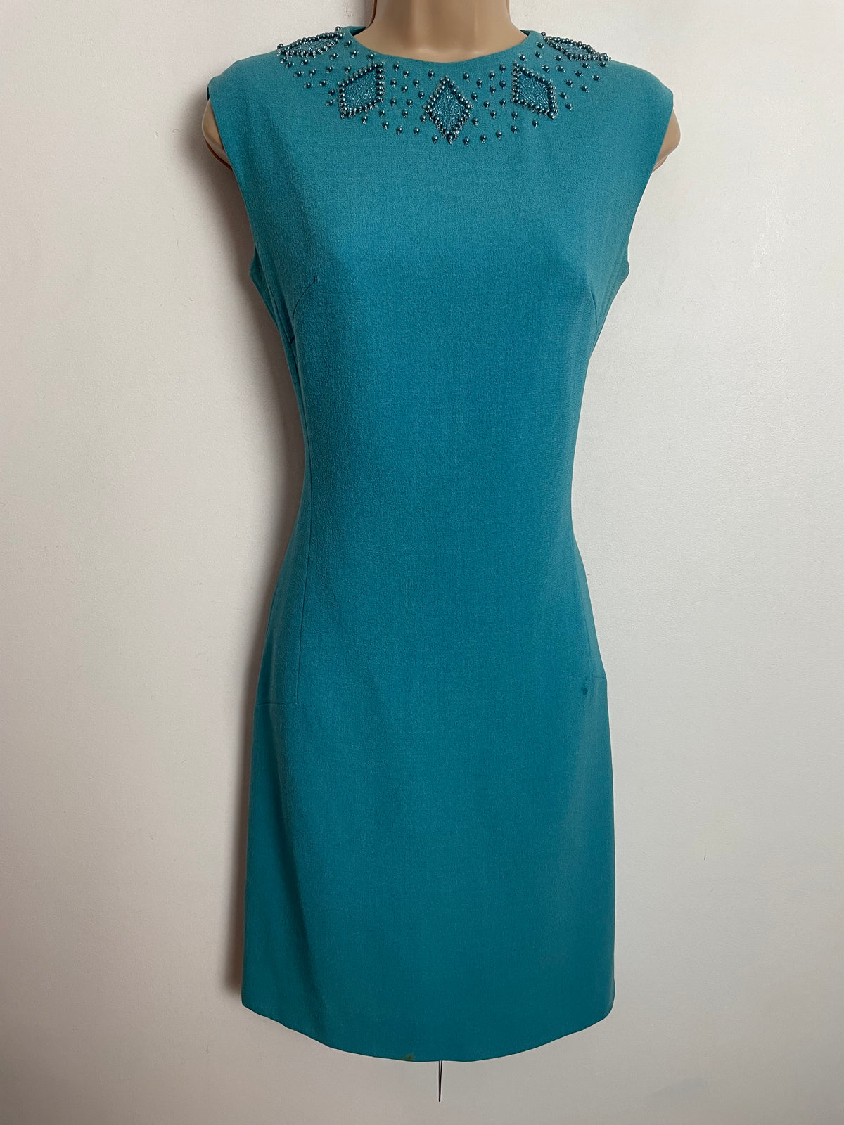 Vintage 1960s UK Size 10 Blue Bead Embellished Detail Mod Party Occasion Shift Dress