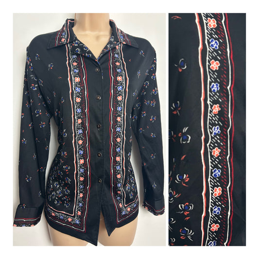 Vintage 1970s Size 14-16 Black Orange Blue & White Floral Print Long Sleeve Shirt