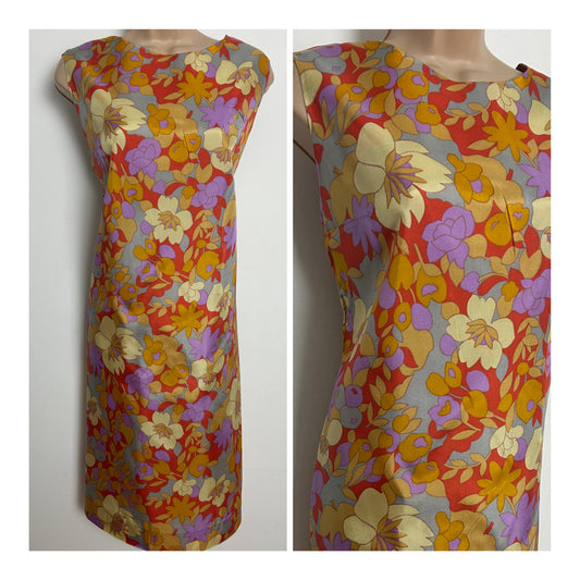 Vintage 1960s Size 12 Red Orange Lilac & Blue Floral Print Silky Mod Shift Dress