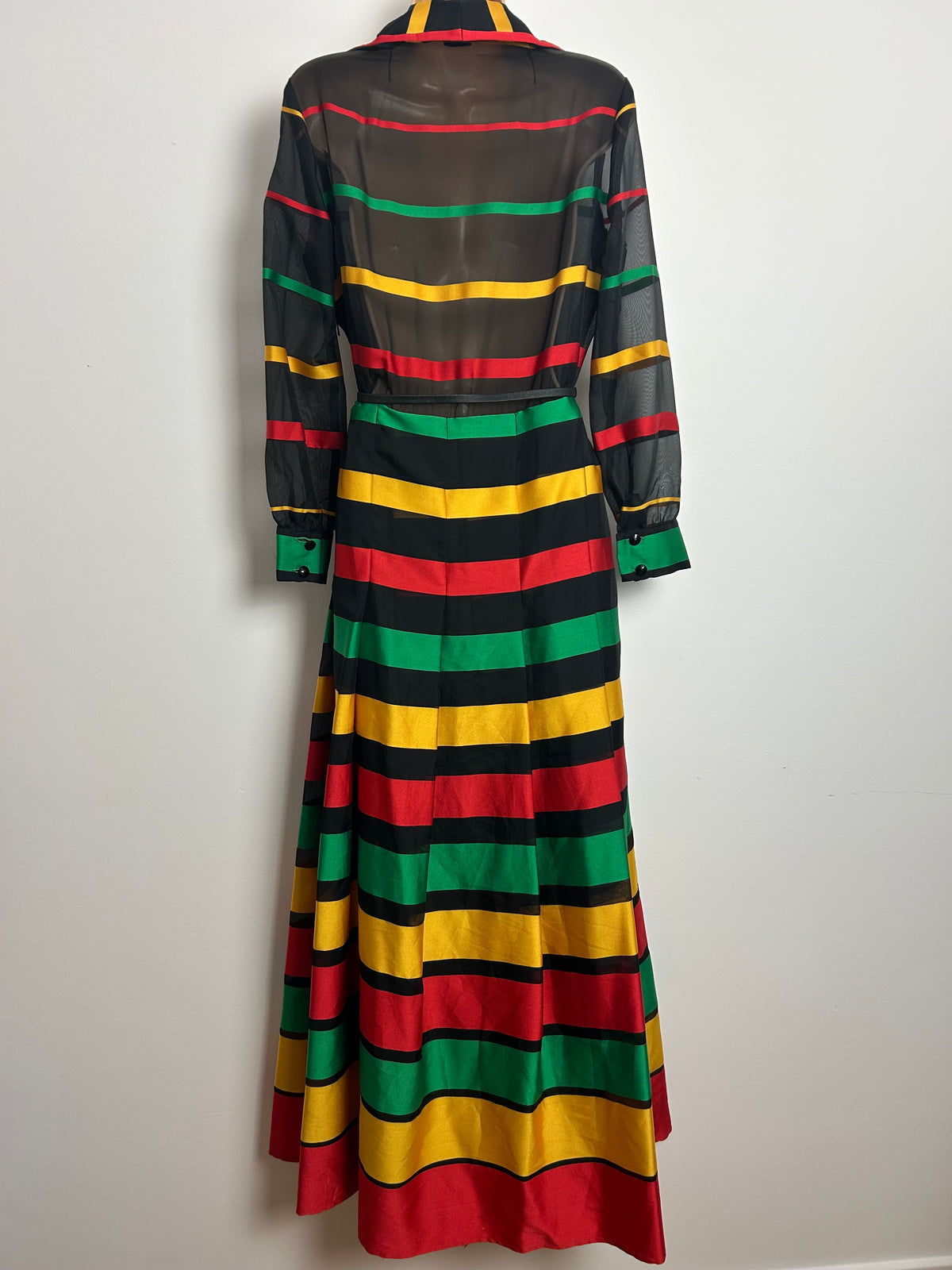 Vintage 1970s CARRE Size 12 Black Red Yellow & Green Stripe Wide Collared Pleated Maxi Dress