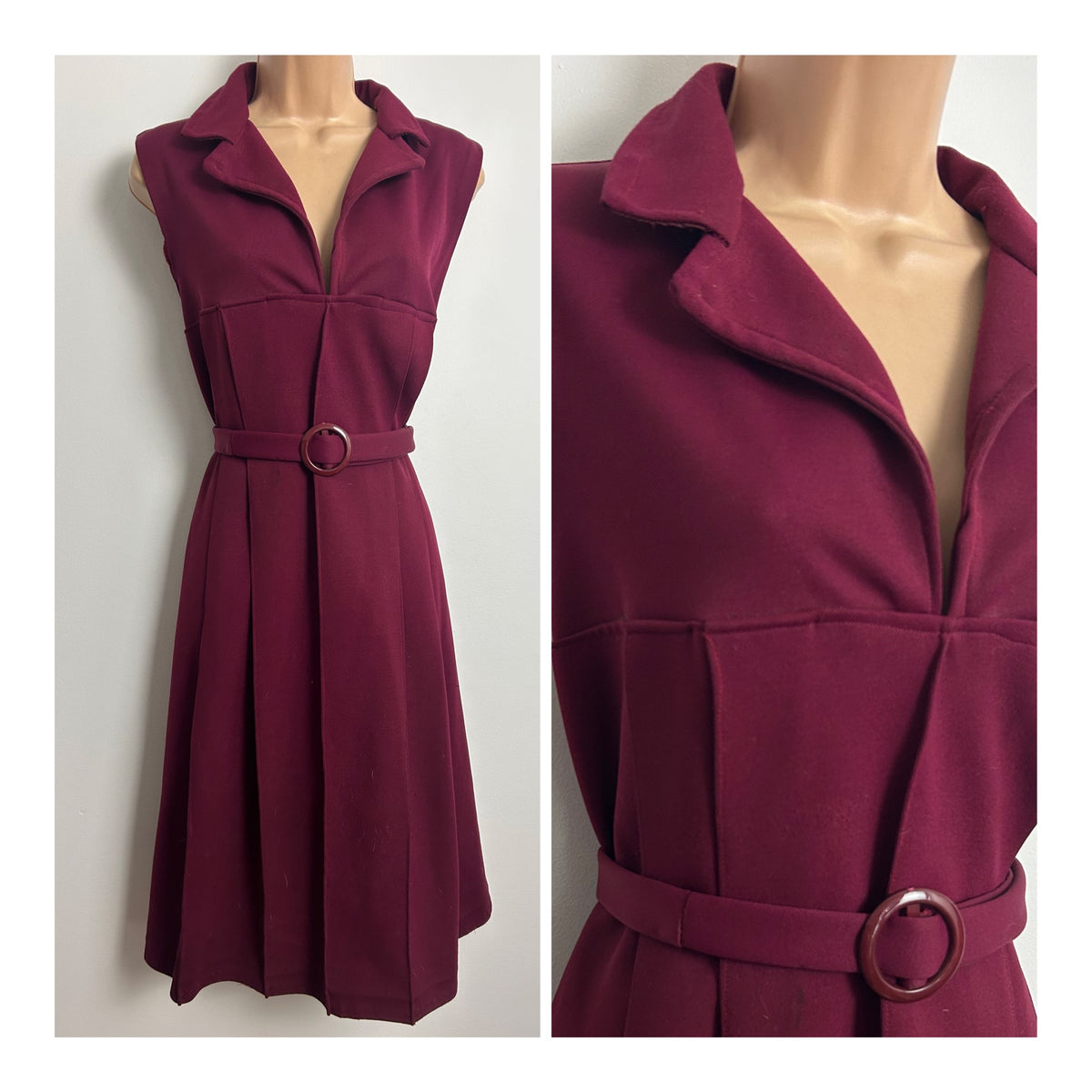 Vintage 1970s Size 14-16 Maroon Sleeveless Belted Pleated Mod Day Dress