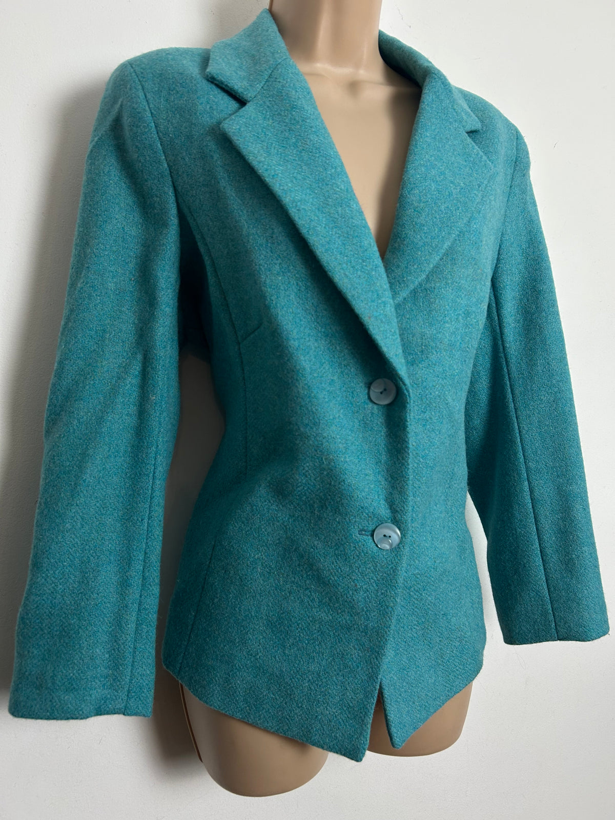 Vintage 1980s Size 14 Turquoise Wool Blend Fully Lined Blazer