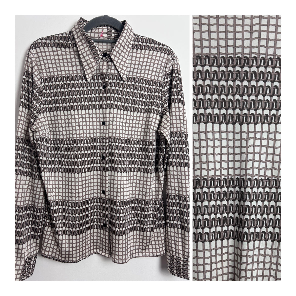 Vintage 1970s Size 12 White Mocha Brown Woven Abstract Print Long Sleeve Shirt