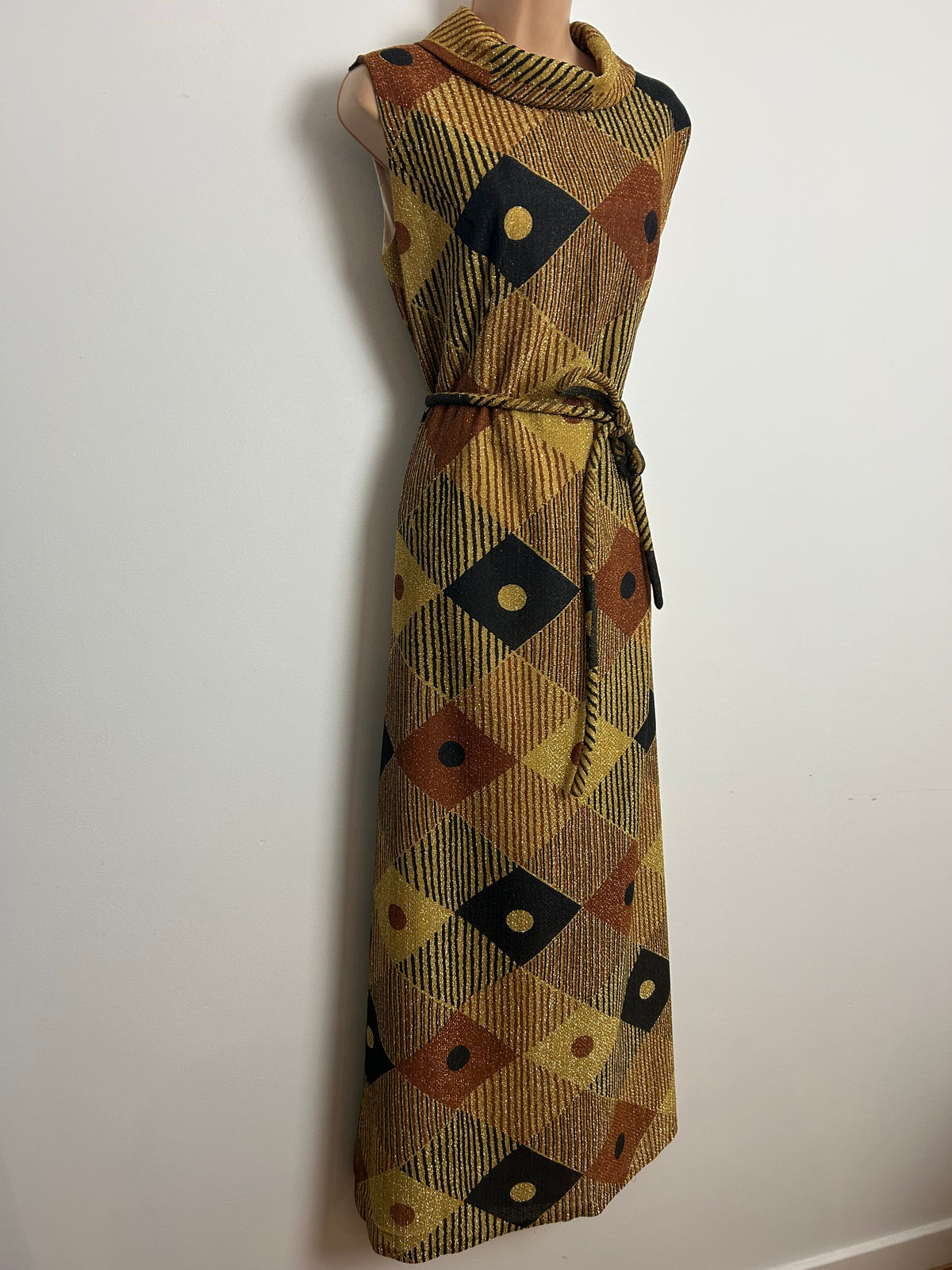Vintage 1970s MANDELL COUTURE Size 12 Gold Bronze & Black Lurex Stripe & Diamond Print Long Sleeve Belted Occasion Maxi Dress