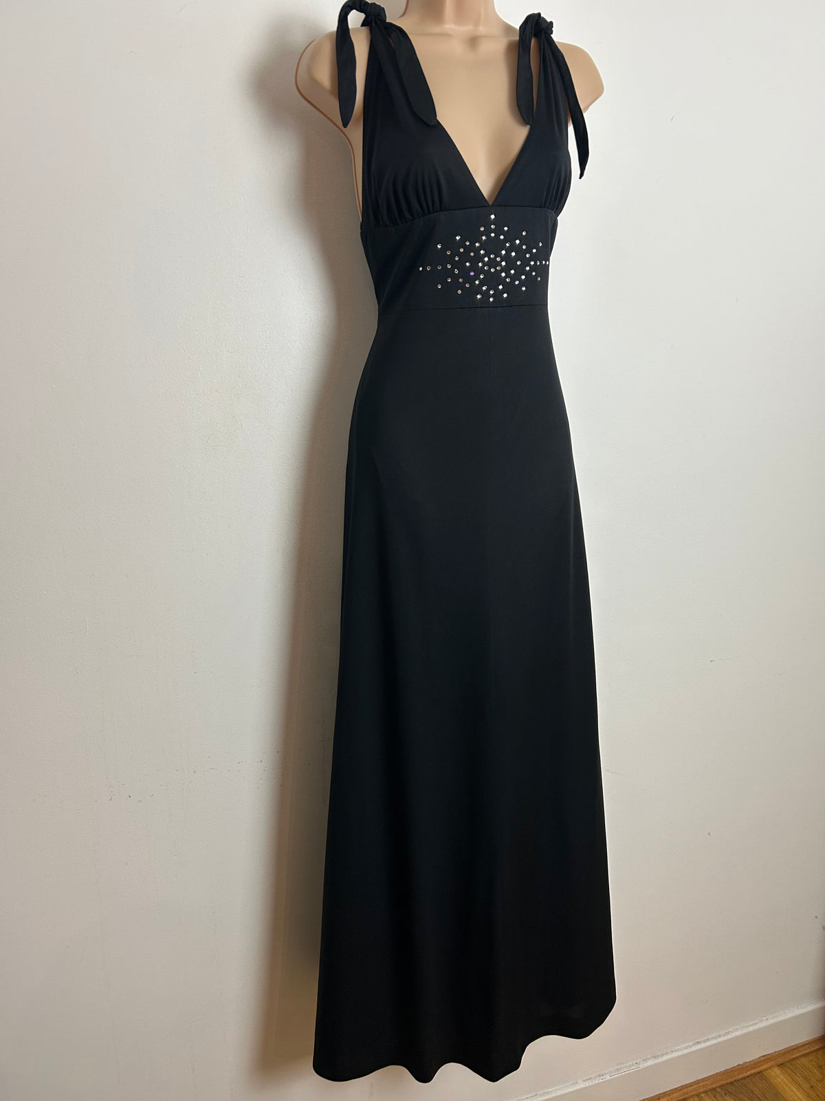 Vintage 1970s Size 8 Black Plunge Neck Tie Shouder Diamante Detail Evening Maxi Dress