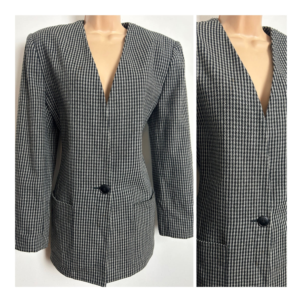 Vintage 1980s SASSON Size 14 Black & White Tweed Check Wool Mix Collarless Blazer