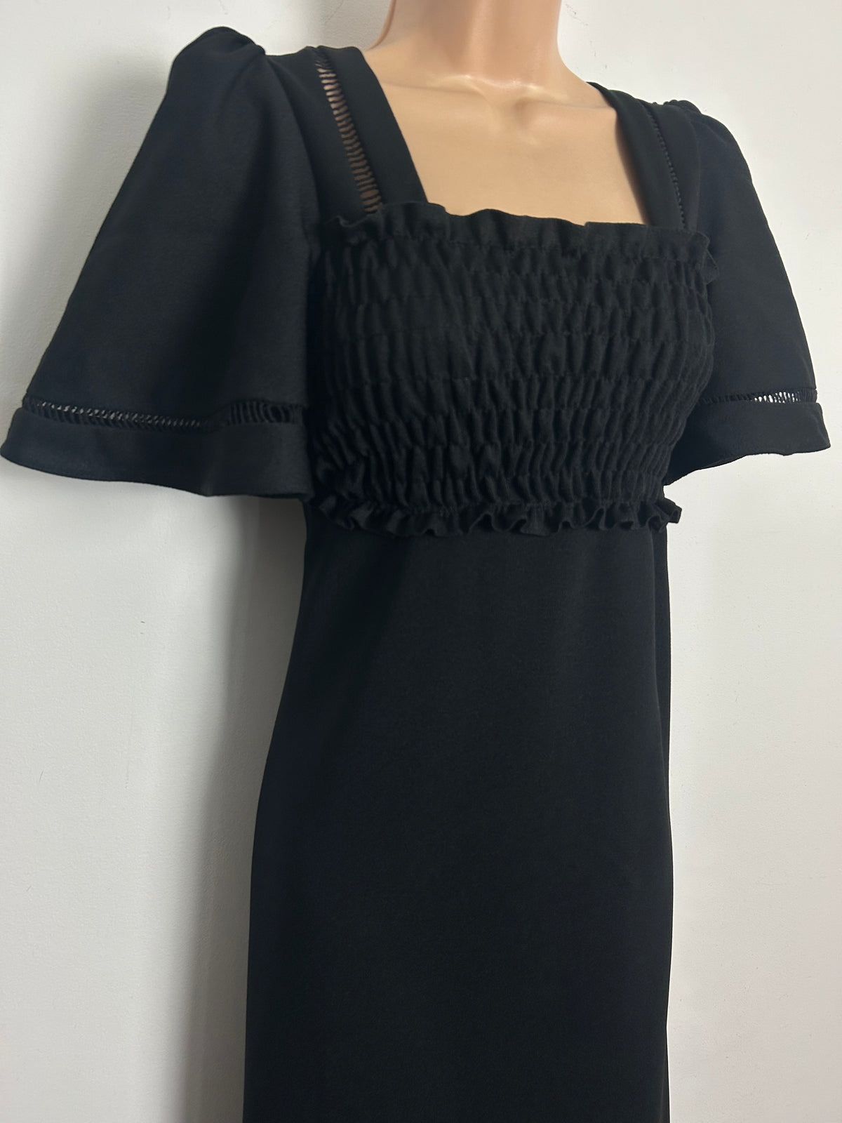 Vintage 1970s Size 10-12 Black Shirred Bodice Ladder Lace Detail Maxi Dress