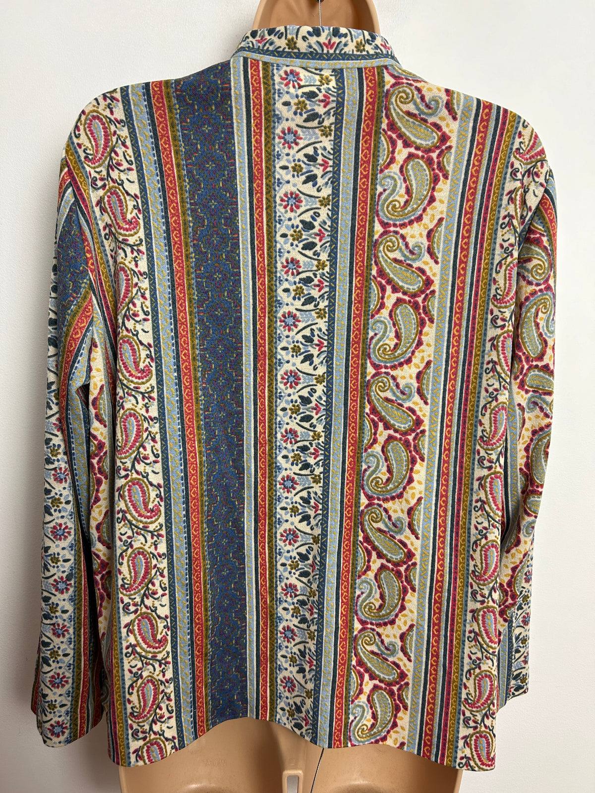 Vintage 1970s UK Size 14-16 Blue Cream & Dark Pink Tones Stripe Floral & Paisley Print Long Sleeve Top