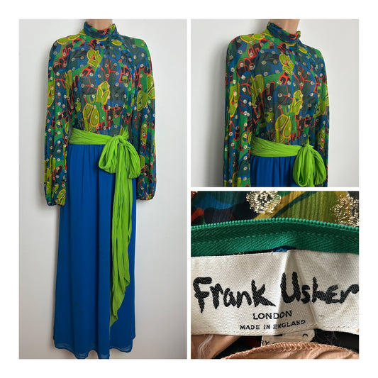 Vintage 1970s FRANK USHER Size 12 Blue Green Orange & Gold Abstract Print Sash Belt Occasion Evening Maxi Dress