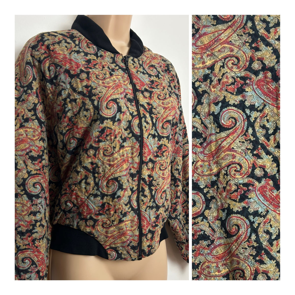 Vintage 1980s Size 12-14 Black Red & Pale Blue Paisley Print Oversized Bomber Jacket