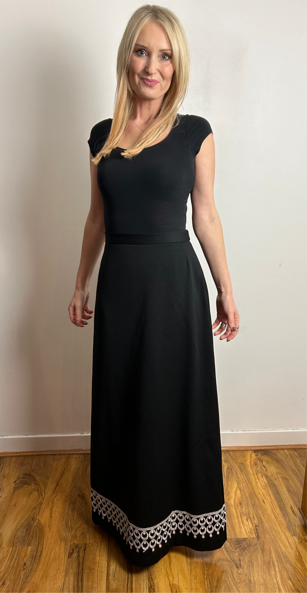 Vintage 1970s UK Size 8 Black & Silver Braid Trim Evening Maxi Skirt