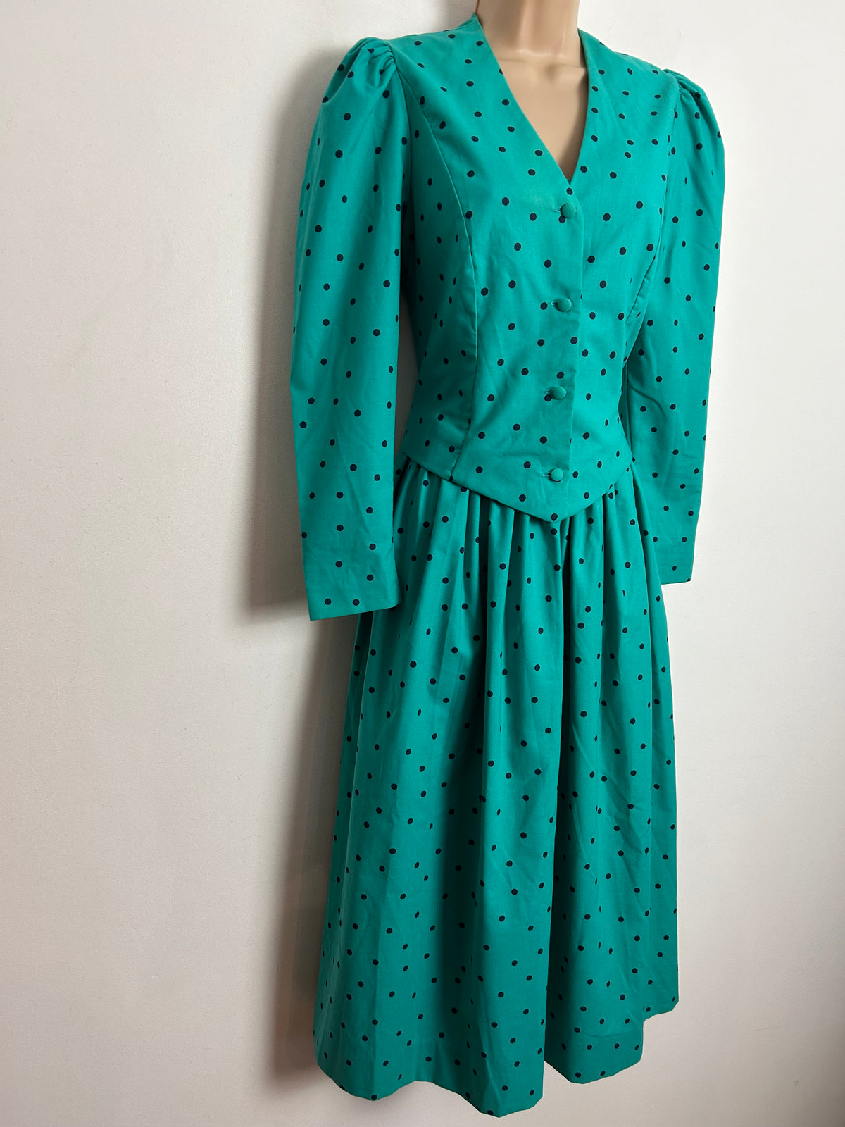 Vintage 80s LAURA ASHLEY UK Size 6-8 (Size 10 On Label) Green & Black Polka Dot Print Cotton Dress & Matching Bolero Jacket